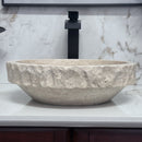 Round Tan Travertine Vessel Bathroom Sink - Handcrafted Natural Stone Above Counter Vanity Basin