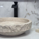 Round Tan Travertine Vessel Bathroom Sink - Handcrafted Natural Stone Above Counter Vanity Basin