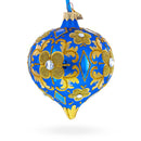 Jeweled Golden Leaves on Blue Onion-Shape Finial Glass Christmas Ornament