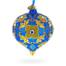 Jeweled Golden Leaves on Blue Onion-Shape Finial Glass Christmas Ornament