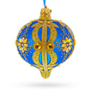 Blue and Gold Jeweled Floral Burst Onion-Shape Finial Glass Christmas Ornament