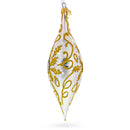 Ivory & Gold Pearl Embossed Elongated Pointed Teardrop Finial Glass Christmas Ornament