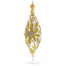 Ivory & Gold Pearl Embossed Elongated Pointed Teardrop Finial Glass Christmas Ornament