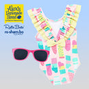 RuffleButts Baby Ice Cream One Piece with Roshambo Pink Glitter Sunglasses