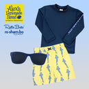 RuggedButts Baby Jawsome Swim Trunks & Rash Guard with Roshambo Navy Sunglasses