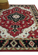 Red, Ivory, Black and Beige 8x10 Hand Knotted Traditional Heriz wool Rug
