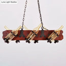 Rustic amber glass island lamp with brown wood arm dining room light