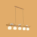 Rustic bamboo & white glass dome island light fixture dining room white bird deco
