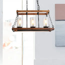 Rustic brown seeded glass island light with wooden trapezoid guard kitchen