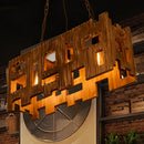 DecorBites™ Wooden Rectangle Restaurant Island Chandelier Pendant with Hollow Out Design - Brown, 2/3 Bulbs, Countryside Style