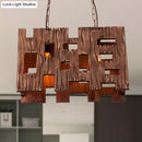 DecorBites™ Wooden Rectangle Restaurant Island Chandelier Pendant with Hollow Out Design - Brown, 2/3 Bulbs, Countryside Style