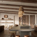 Rustic dark wood handwoven rattan led pendant light dining room