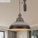 Rustic industrial copper dome pendant with pulley living room light