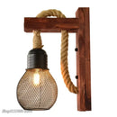 Rustic industrial hemp rope wall lamp bedroom wood sconce