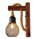 Rustic industrial hemp rope wall lamp bedroom wood sconce