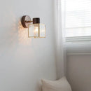 Rustic walnut wood and brass wall sconce – bedroom glass fixture