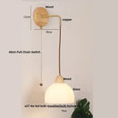 Rustic wood and brass wall light with clear glass pull chain switch