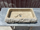 Beige Marble Sink, Rough Stone Vessel Sink Hand Carved Bathroom Vanity Top for Farmhouse Powder Room, With Sink Strainer Cover