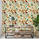 Beige Birds and Flowers Wallpaper