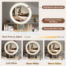 White & Gold Vanity Desk with LED Mirror – 2 Drawers, Cabinet & Touch Control Lighting