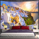 Santorini castle village sunset tapestry bedroom wall art