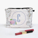 Floral Initial Personalized Flip Sequin Makeup Pouch Bag