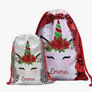 Custom Christmas Poinsettia Unicorn Sequin Drawstring Gift Sack | Personalized Santa Bag for Kids