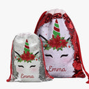 Custom Christmas Poinsettia Unicorn Sequin Drawstring Gift Sack | Personalized Santa Bag for Kids