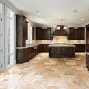 Scabos Antique Pattern Brushed, Chiseled, and Partially Filled - Full Truckload installed to kitchen floor with dark brown cabinets and marble countertops