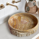 Scabos Gold Travertine Rustic Stone Above Vanity Bathroom Sink (D)18" (H)4" installed bathroom above vanity bronze wall mount faucet