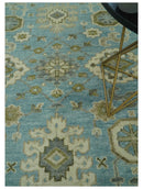 Sea Blue, Green and Ivory 8x10 Hand Knotted Traditional Oriental Oushak wool rug
