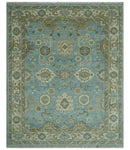 Sea Blue, Green and Ivory 8x10 Hand Knotted Traditional Oriental Oushak wool rug