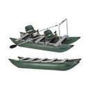 Two green inflatable boats with seats and oars on a white background