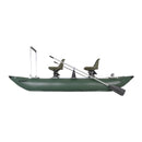 Green inflatable boat with seats and oars on a white background