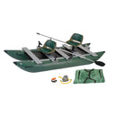 Green inflatable kayak with seats, oars, and accessories on a white background