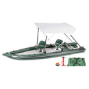 Inflatable boat with canopy, seats, and accessories on a white background