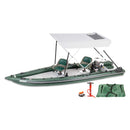 Green inflatable boat with canopy and accessories on a white background