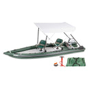 Inflatable boat with canopy, seats, and accessories on a white background