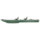 Green kayak with two paddle attachments on a white background