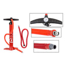 Red hand pump with detailed views on a white background