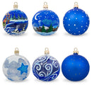 Set of 6 Santa, Reindeer, Snowman, Nutcracker, and Holiday Scenes Glass Christmas Ornaments