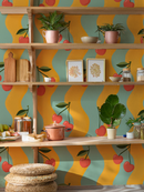 Wavy Cherry Wallpaper, yellow and teal