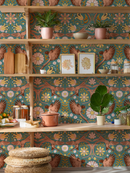 Folkie Birdie Wallpaper, dusty teal, peach and rust