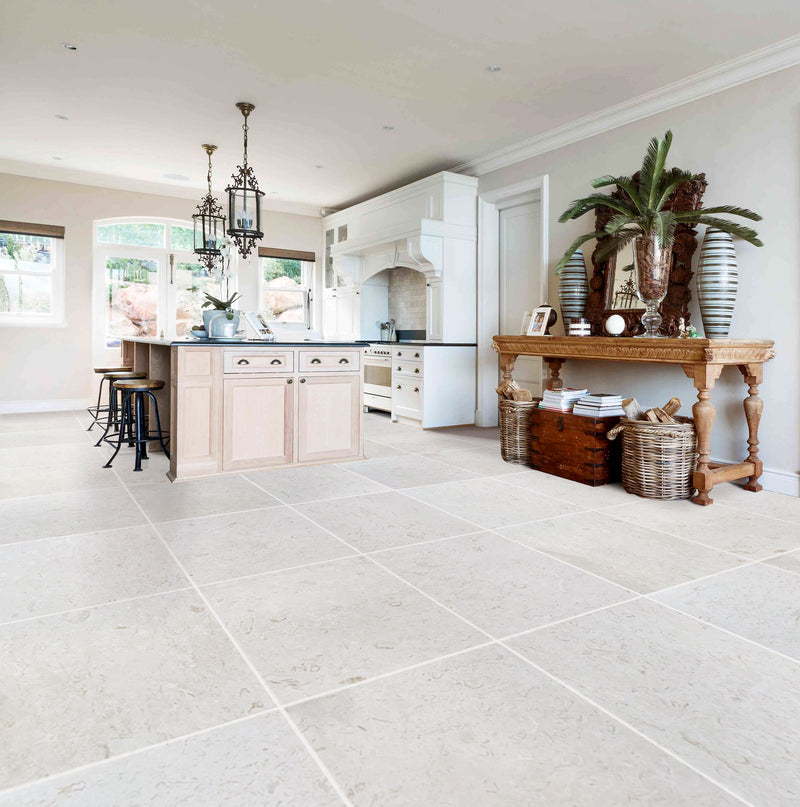 shell stone limestone brushed 24x24 installed modern kitchen floor