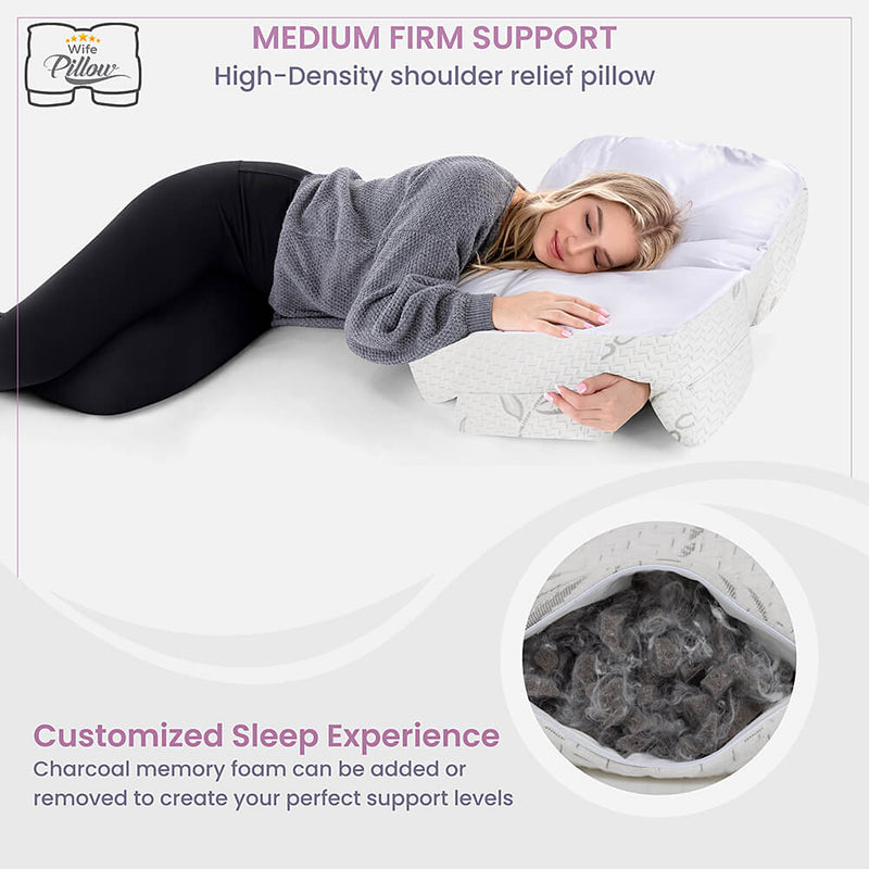 Wife Pillow - Arm & Body Position Bed Pillow - Bamboo Shell & Charcoal Shredded Memory Foam Filled Pillow