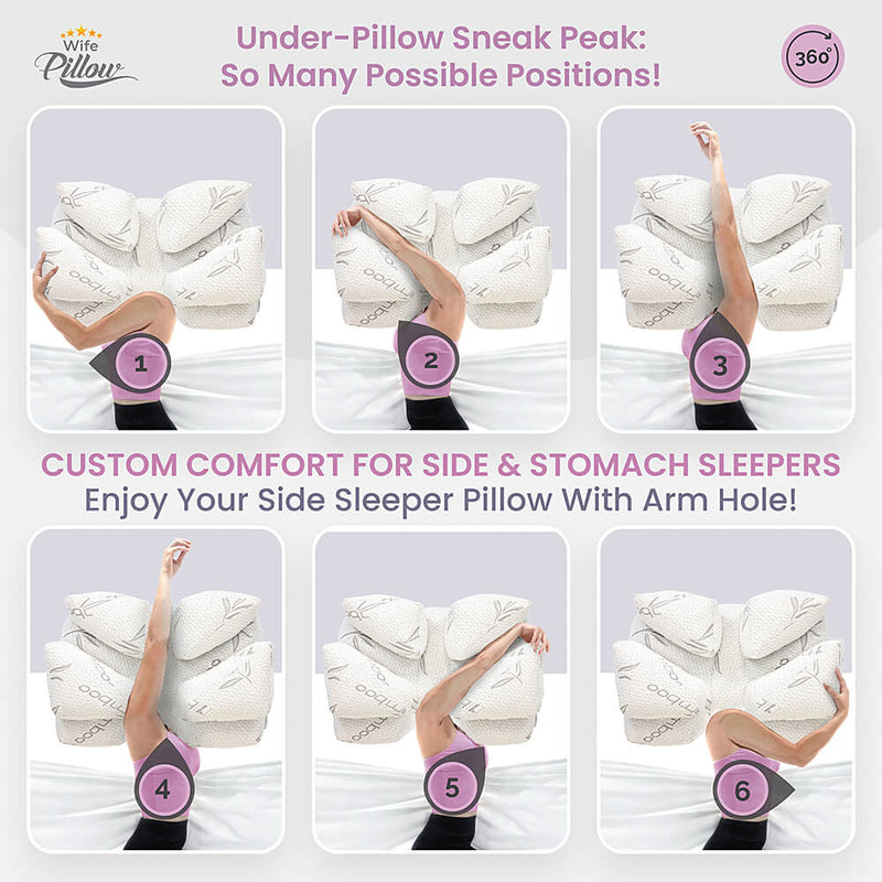 Wife Pillow - Arm & Body Position Bed Pillow - Bamboo Shell & Charcoal Shredded Memory Foam Filled Pillow