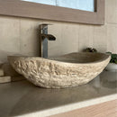 Oval Chiseled Tan Travertine Vessel Bathroom Sink - Handcrafted Natural Stone Above Counter Vanity Basin