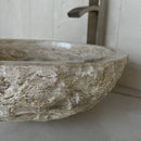 Round Bowl Tan Travertine Vessel Bathroom Sink - Handcrafted Natural Stone Above Counter Vanity Basin