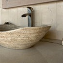 Oval Polished Tan Travertine Vessel Bathroom Sink - Handcrafted Natural Stone Above Counter Vanity Basin
