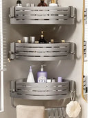 Silver aluminum two tier corner shelf with towel bar hook bathroom caddy